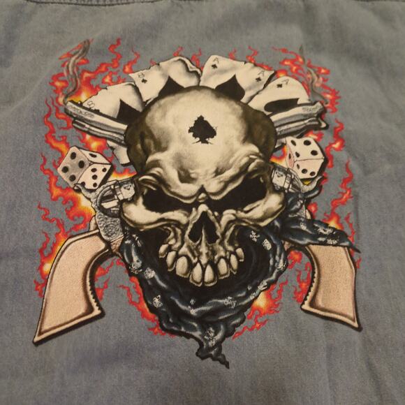 VTG Biker Cutoff Men XXL Button Up Denim Shirt Skull Cards Dice Guns Punk Flame - Picture 7 of 7